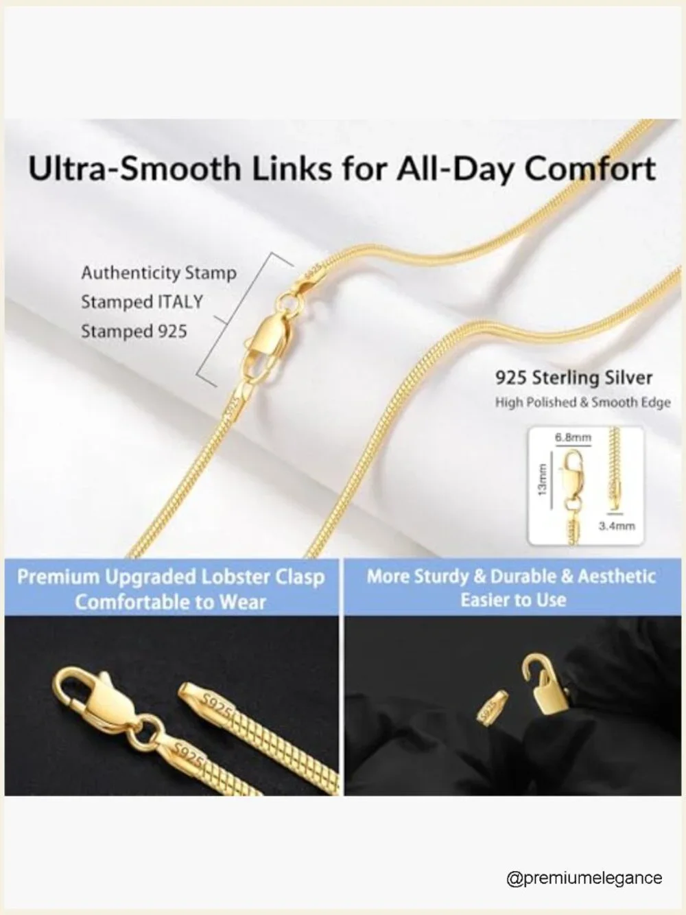 1.5-2.5mm Snake Chain Necklace 18k Gold Plated 925 Sterling Silver Lobster